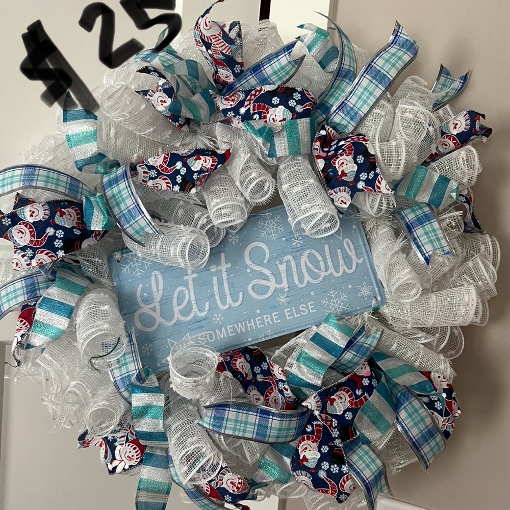 Festive Snowman Wreath with Blue and White Ribbons